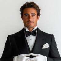Elegant butler in tuxedo with white gloves, poised against white background, exuding sophistication and professionalism photo