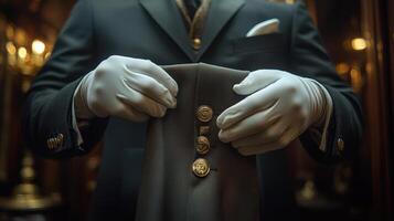 butler in formal attire adjusts suit with white gloves, showcasing elegance and professionalism. setting exudes luxury and sophistication photo