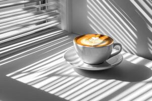 coffee cup with latte art on top, showcasing beautiful swirls, sits on saucer by window. sunlight casts striking shadows, creating serene atmosphere photo