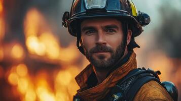 brave firefighter stands confidently in front of blazing fire, showcasing determination and strength. His protective gear highlights his commitment to safety and service photo