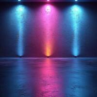 dark background with vibrant blue, pink, and orange lights creating colorful ambiance. smooth floor reflects light, enhancing dramatic effect photo
