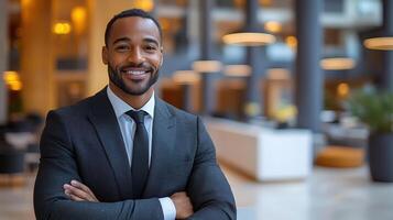 confident man in stylish black suit smiles warmly in modern lobby, showcasing professionalism and approachability photo