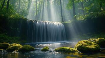 serene waterfall cascades through lush green forest, illuminated by soft rays of sunlight filtering through trees. tranquil scene evokes sense of peace and natural beauty photo