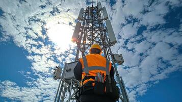 field technician inspecting cell tower under bright sky. technician wears safety vest and helmet, showcasing professional approach to telecommunications photo