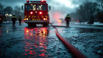 fire engine with long hose on wet road, firefighters working in background, dramatic lighting and atmosphere photo