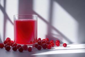 refreshing glass of cranberry juice surrounded by fresh berries, casting beautiful shadows. vibrant red color adds lively touch to any setting photo