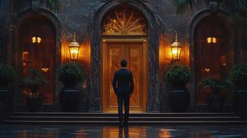 man in suit stands before elegant entrance with golden doors, surrounded by lush plants and warm lighting, evoking sense of anticipation and luxury photo