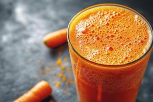 Freshly pressed carrot juice in glass, vibrant orange color, with bubbles on top, surrounded by fresh carrots. healthy and refreshing drink option photo