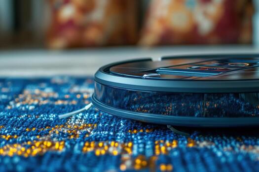 high performance robotic vacuum cleaner on colorful rug, showcasing advanced technology and design. Ideal for modern homes seeking convenience and efficiency photo
