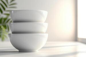 Minimalist white ceramic bowls stacked elegantly, showcasing smooth glossy finish. Perfect for modern dining or kitchen decor photo