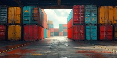 row of colorful shipping containers stacked in warehouse, creating vibrant industrial scene. sunlight filters through, enhancing colors and textures photo