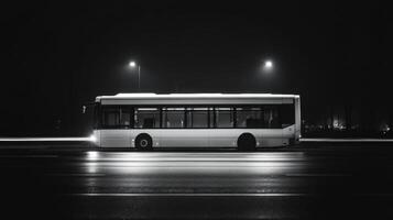 white bus stands still on dark road, illuminated by streetlights, creating striking contrast against night sky photo