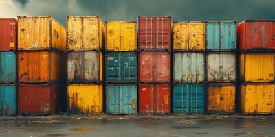 row of colorful shipping containers stacked high against moody sky. vibrant hues of red, yellow, and blue contrast with dark clouds, creating striking industrial scene photo