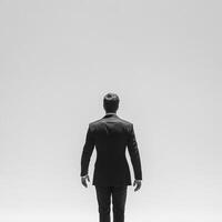 man in suit standing with his back to camera, facing blank wall, exuding confidence and determination photo