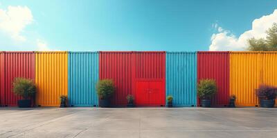 Colorful shipping containers stacked in row, featuring vibrant hues of red, blue, yellow, and green. scene is bright and inviting, with potted plants adding touch of greenery photo