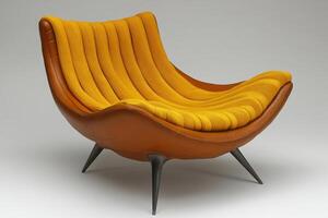 modern, stylish chair with unique design featuring yellow cushion and brown leather. Its sleek lines and elegant shape make it standout piece for any interior photo