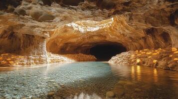 mystical cave illuminated by bioluminescent fungi, featuring serene water body and rocky formations. enchanting atmosphere invites exploration and wonder photo