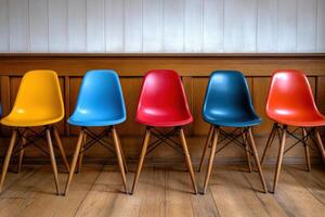 Stylish stackable chairs in vibrant colors, perfect for modern interiors. These ergonomic chairs feature wooden legs and sleek design, adding pop of color to any space photo