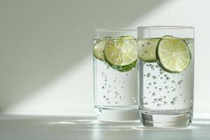 Refreshing sparkling lime water in tall glasses with bubbles photo