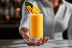 tall glass of bright yellow mango smoothie garnished with fresh mango cubes and leaf, held by person in white shirt, evokes refreshing and tropical vibe photo