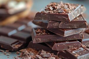 Rich dark chocolate squares stacked with shavings, showcasing decadent treat. Perfect for dessert lovers and chocolate enthusiasts. Indulge in luxurious taste photo