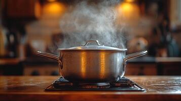 small saucepan with steam rising, placed on stove in cozy kitchen setting, evokes warmth and culinary creativity photo