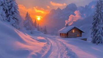 snowy mountain landscape features cozy cabin with smoke rising from chimney, surrounded by tall trees and stunning sunset. scene evokes warmth and tranquility photo
