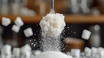 spoonful of sugar is suspended in air, surrounded by granulated sugar and sugar cubes, creating dynamic and sweet scene photo
