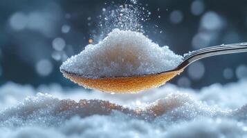 spoonful of sugar glistens against blurred background, creating dreamy atmosphere. sparkling granules evoke sweetness and warmth, perfect for culinary delights photo