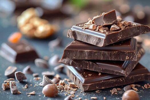 Rich dark chocolate squares stacked with chocolate shavings, creating tempting and indulgent display. Perfect for dessert lovers and chocolate enthusiasts photo