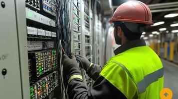 Technician working on electrical panels, securing cables and connections. Focused on maintaining equipment in well lit industrial environment photo