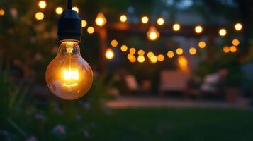glowing bulb illuminates serene backyard setting with string lights, creating warm and inviting atmosphere perfect for gatherings photo