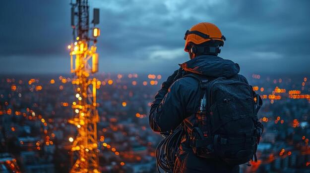 technician securing cables on cell tower at dusk, showcasing urban lights and dramatic sky. scene conveys sense of dedication and expertise photo