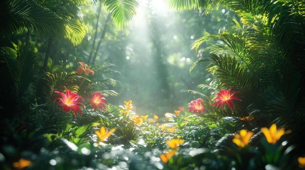 vibrant tropical rainforest filled with exotic flowers and lush greenery, illuminated by soft sunlight filtering through canopy, creating serene and enchanting atmosphere photo
