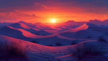 vast desert landscape under dramatic sunset, showcasing rolling sand dunes and vibrant colors. scene evokes sense of tranquility and wonder photo