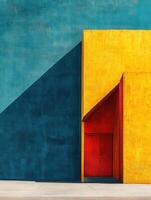 Vibrant geometric shapes create striking contrast of blue, yellow, and red, showcasing modern architecture and bold design elements photo