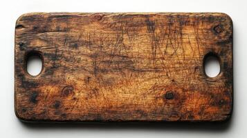 rustic wooden cutting board with two handles, showcasing textured surface and natural wood grain, perfect for culinary use and kitchen decor photo