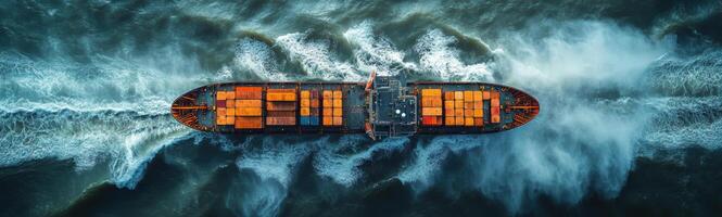 Aerial view of cargo ship with containers sailing through turbulent waters, showcasing dynamic movement and industrial activity of maritime transport photo