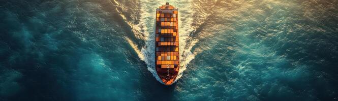 Aerial view of cargo ship with colorful containers sailing through blue waters, showcasing maritime transport and logistics photo