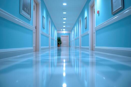 serene hospital corridor with blue color scheme, featuring polished floors and soft lighting, creating calming atmosphere photo