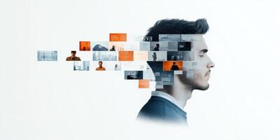 Innovative business concepts illustrated through man profile, showcasing various digital images and data. This visual representation highlights creativity and modern technology photo