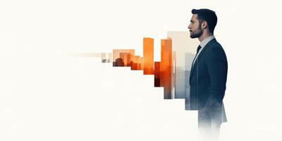businessman in suit stands against city skyline, symbolizing growth and ambition. image blends urban elements with professional demeanor, evoking sense of determination photo