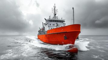 vibrant orange ship sailing through turbulent waters under cloudy sky, showcasing its powerful presence and maritime strength photo