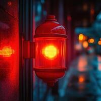 Emergency lamp shining brightly in red, illuminating surroundings with sense of urgency and alertness. vibrant light reflects off wet surfaces, creating dramatic atmosphere photo