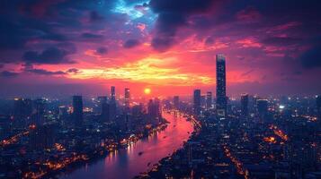 vibrant city skyline at twilight, showcasing colorful lights reflecting on river. sunset casts warm glow over urban landscape, creating stunning visual photo