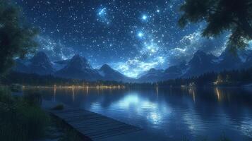 serene night sky filled with stars above tranquil lake, surrounded by majestic mountains. reflection of stars and mountains creates peaceful atmosphere photo