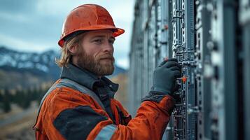 engineer tightening screws on cell tower in mountainous area, showcasing dedication and skill photo