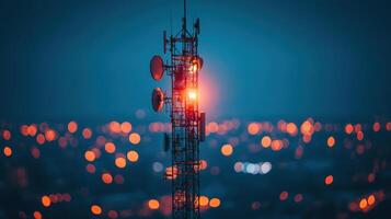 telecommunications tower illuminated at night, surrounded by city lights. structure features antennas and dishes, showcasing modern technology photo