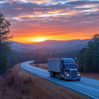 blue truck moving on highway during vibrant sunset with mountains in background, creating serene and picturesque scene photo