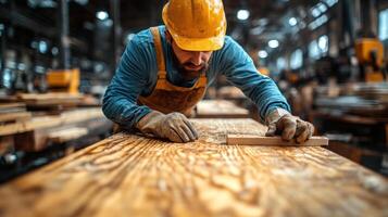 carpenter working diligently on wooden surface, wearing gloves and hard hat, showcasing craftsmanship in workshop. focus is on detailed woodwork photo